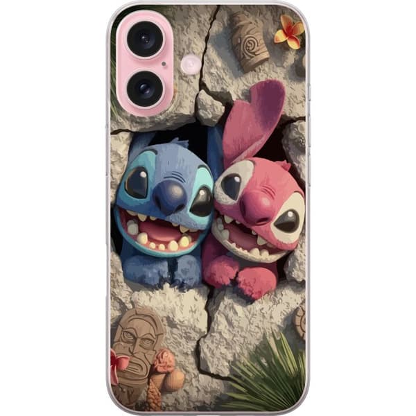 Apple iPhone 16 Genomskinligt Skal Stitch Angel Lilo & Stitch Motiv Disney Kärlek Seriefigur Populär Blå Alien Rolig Disneyfilm