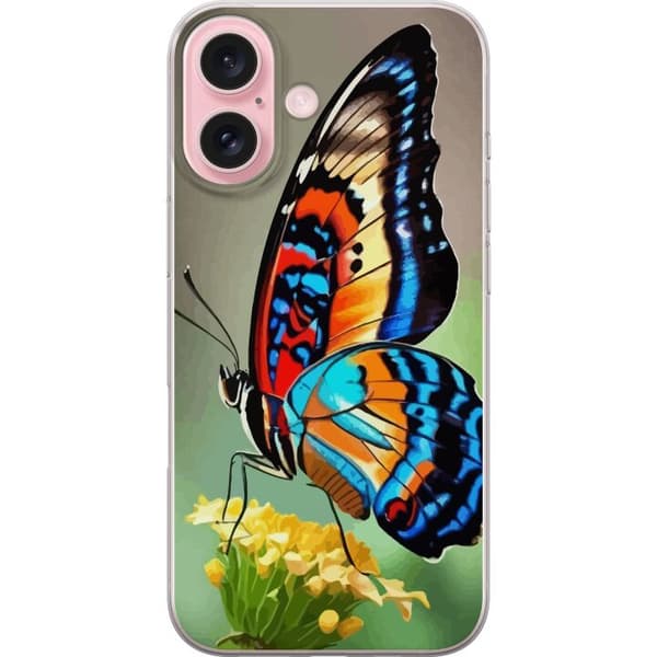 Apple iPhone 16 Genomskinligt Skal Fjäril Natur Sommar Motiv Vingar Färgstark Design Populär Dekor Grafiskt Exotiskt Tema