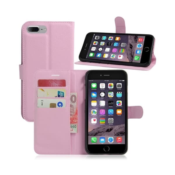 iPhone 8 Plus / 7 Plus 5,5 tommer Litchi Lychee Skin Flip Leather Stand Shell med Folio Flip Wallet - Lyserød