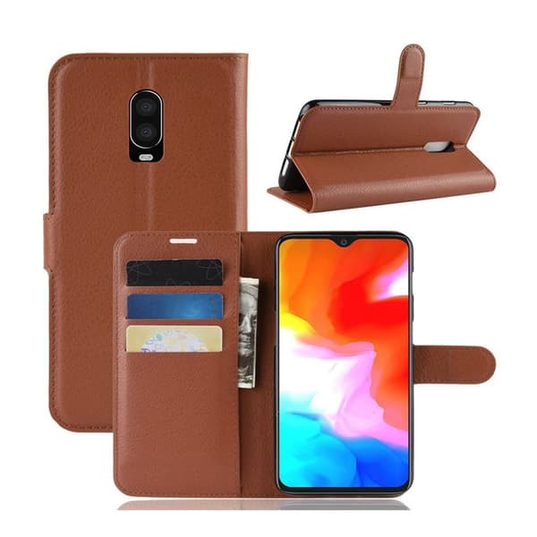 OnePlus 6T flipfodral i litchi-läder - Brun