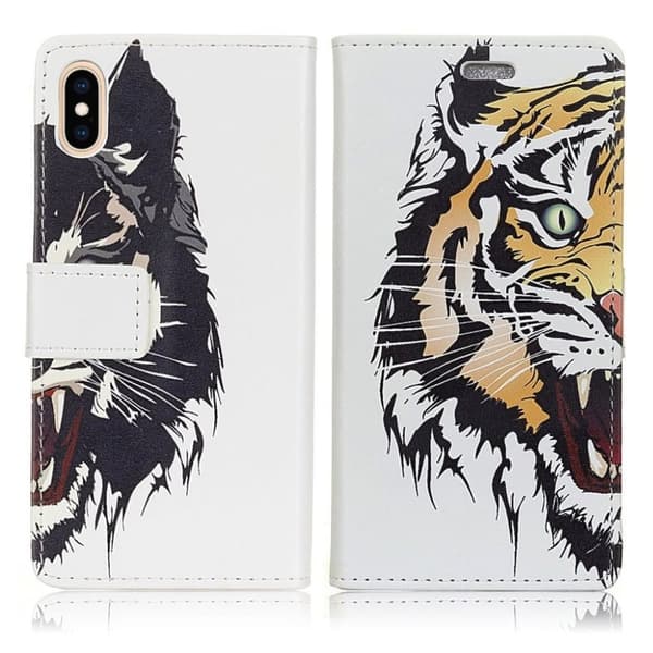 iPhone XS Max mobilfodral syntetläder silikon stående plånbok tryckmönster - Tiger