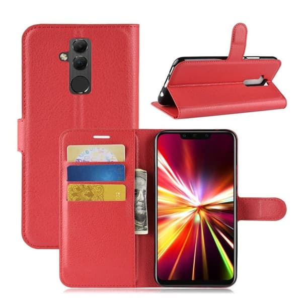 Huawei Mate 20 Lite mobilfodral syntetläder silikon stående plånbok litchi textur – Röd