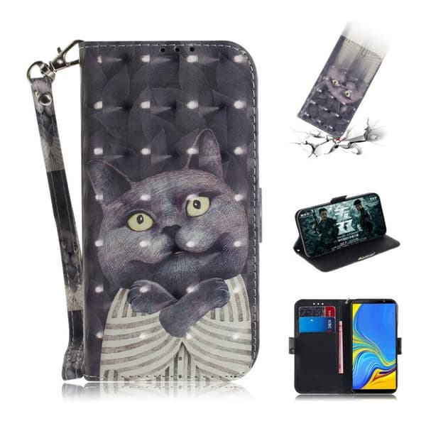 Samsung Galaxy A7 (2018) mönstrat flipfodral i läder - Grå Katt