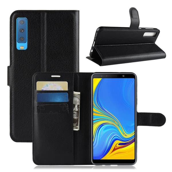 Samsung Galaxy A7 (2018) flipfodral i litchi skin-läder - Svart