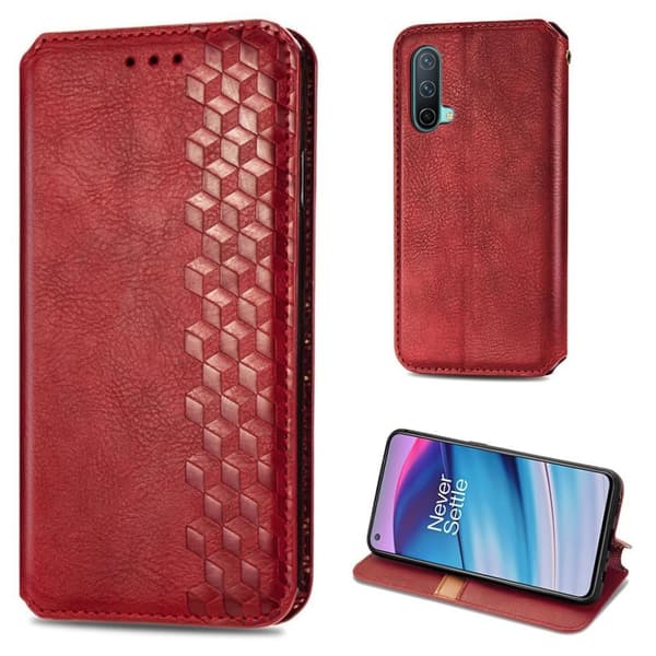 Läder OnePlus Nord CE 5G fodral med romb-design - Röd