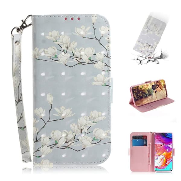 Samsung Galaxy A70 läderfodral med dekormönster - Vita Blommor