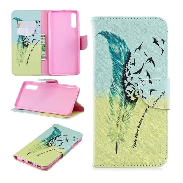 Samsung Galaxy A70 mønstret lædercover - fjermønster