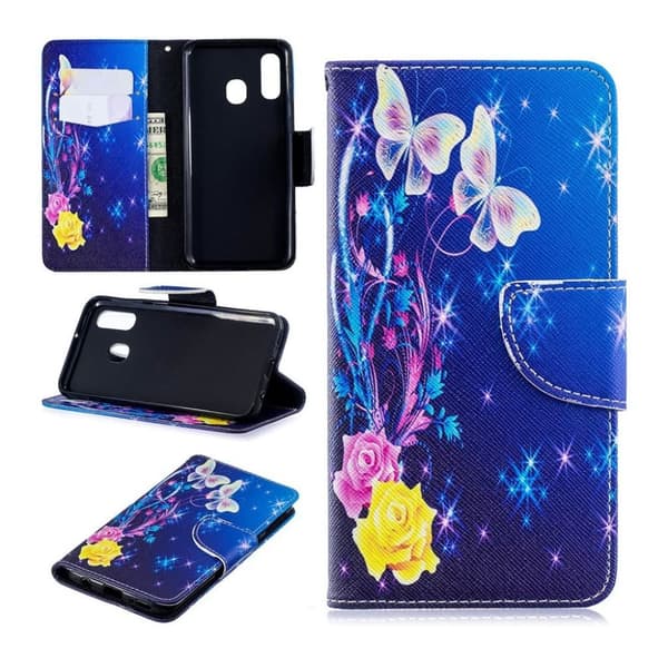 Samsung Galaxy A40 mønstret lædercover - roser og sommerfugle
