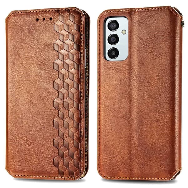 Samsung Galaxy M23 læderetui med stilfuldt rombe aftryk - Brun