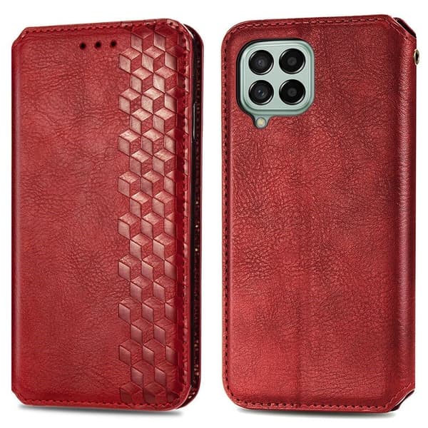 Läder Samsung Galaxy M33 5G fodral med romb-design - Röd