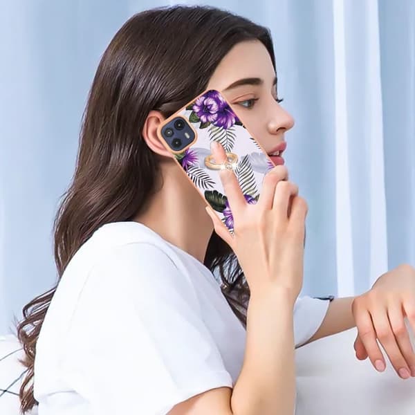 Marble Mønstret Cover med Ring Holder til Motorola Moto G50 5G - Lilla Blomster