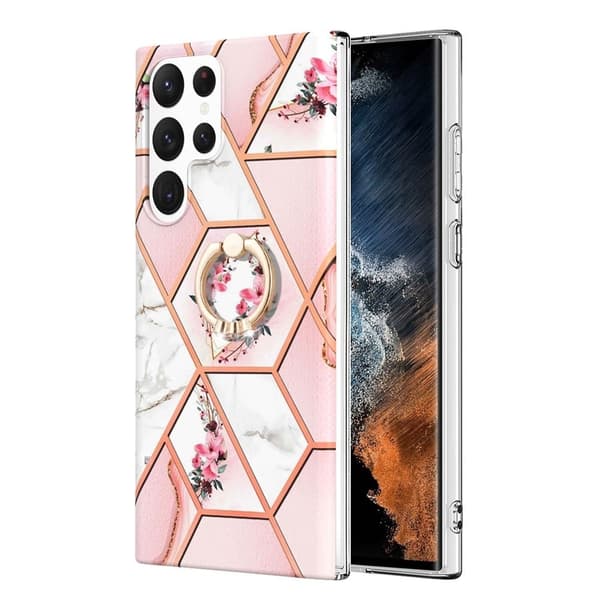 Marmormotiv Samsung Galaxy S22 Ultra skal - Rosa Blommor