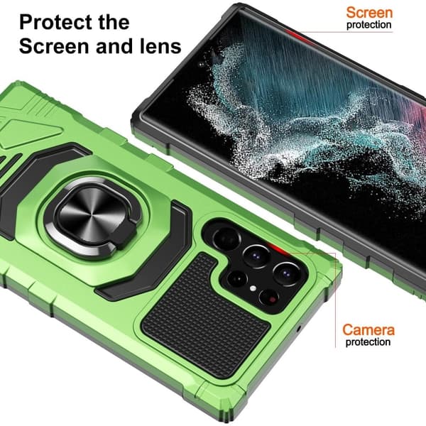 Slitstarkt hårdplastskal med mjuk insida och kickstand för Samsung Galaxy S22 Ultra - Grön