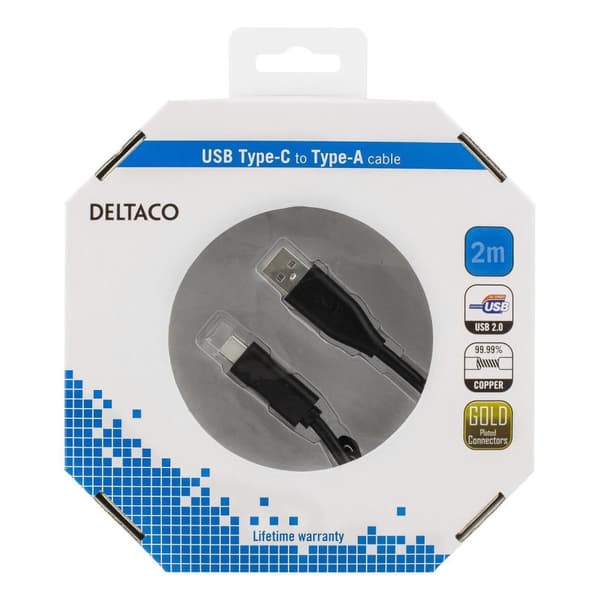 DELTACO USB 2.0-kabel, 2m, Typ C - Typ A hane, PD profil 1, svart