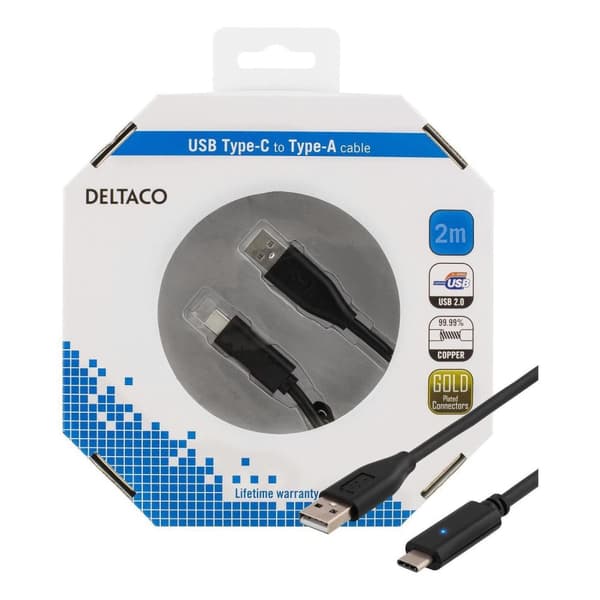DELTACO USB 2.0-kabel, 2m, Typ C - Typ A hane, PD profil 1, svart