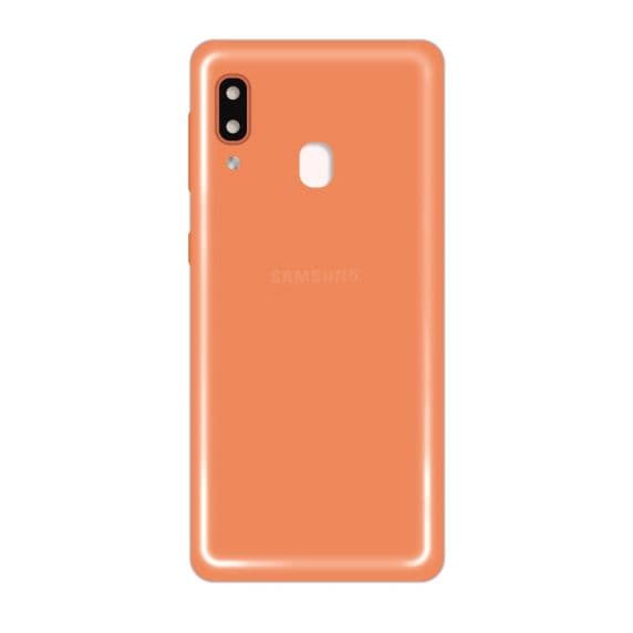 Samsung Galaxy A20e Baksida med tejp och kameraglas – Korall
