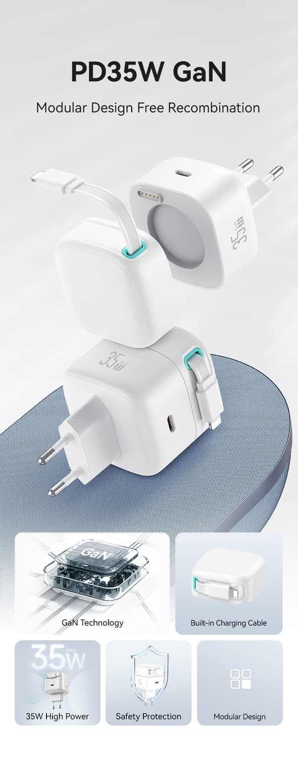 iPhone hurtigoplader kompatibel PD35W - Dual Port GaN med udtrækkeligt kabel