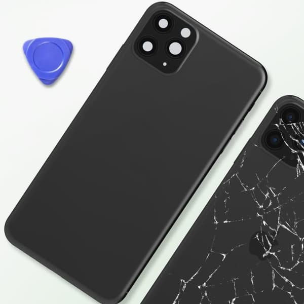 iPhone 11 Pro Max-chassi med mörkgrå ersättningsglas på baksidan