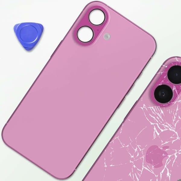 Chassi iPhone 16 Plus med rosa bakglas som ersättning