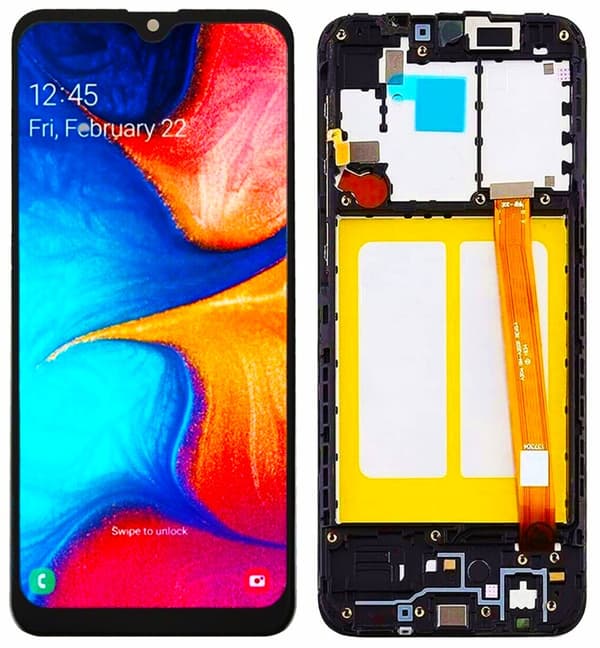 Original LCD-skærm + berøringsskærm Samsung SM-A202 Galaxy A20e (IPS) sort ramme