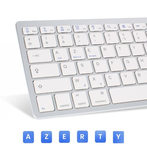 Bluetooth-tangentbord AZERTY med 7 multimedia genvägar, 30 dagars batteritid, Silver