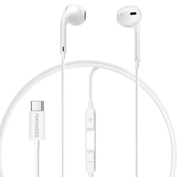 Trådbundna hörlurar för Samsung Galaxy S25 Ultra USB-C med inbyggd mikrofon Mayaxess Vit