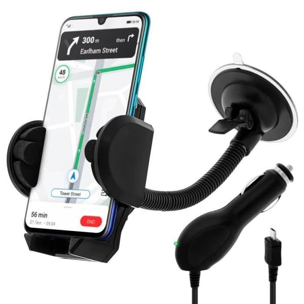 Pack 2-i-1 - Svart - Bilstöd + Tändar-laddare - Kompatibel Micro-USB - Universell - Praktisk