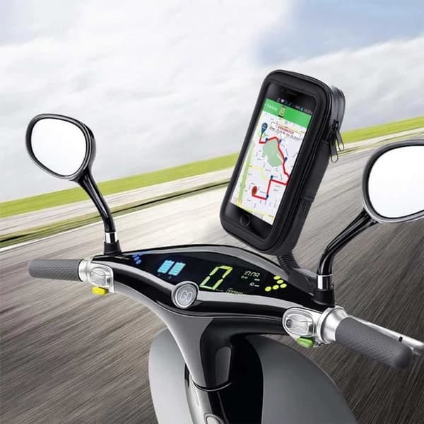Stöd för smartphone - Moto - Spegelmontering - Vattentät fodral - 360° kulled - Svart