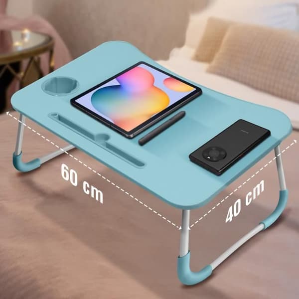 Överbäddsbord Laptop Höjd 26cm Mugghållare Vikbara ben blå