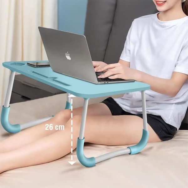 Överbäddsbord Laptop Höjd 26cm Mugghållare Vikbara ben blå
