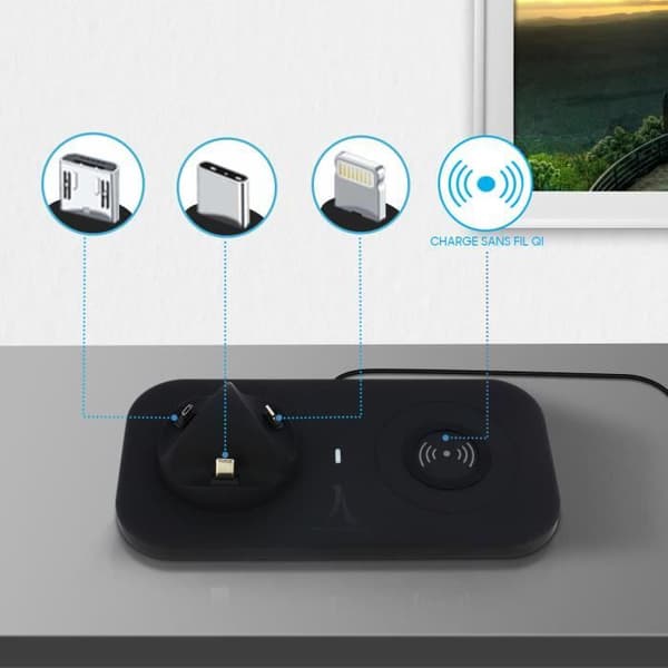 Laddstation 4-i-1 - Akashi - Svart - USB-C, Lightning, Micro-USB - QI - Snabbladdning