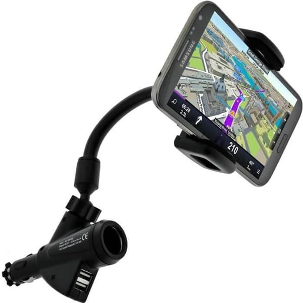 Support bil - AVIZAR - Ciguttändare med 2 USB-portar - Rotativ 360° - Justerbar - Svart