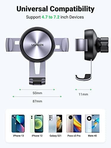 UGREEN Biltelefonholder Air Vent Bilholder Gravity Telefon Bilholder Kompatibel med iPhone 12 Mini 12 Pro Max SE 11 XS Galaxy F52 M42 M12 Redmi K40 Mi