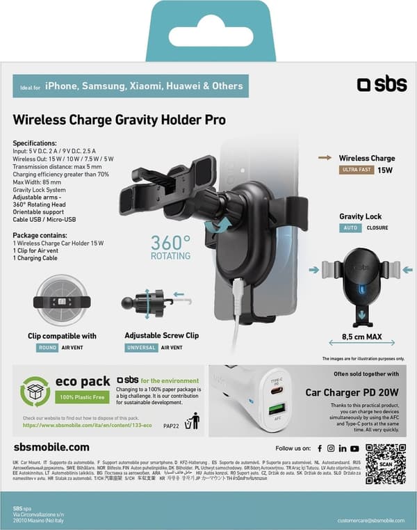 SBS Wireless Charge Gravity Pro Fan Grill Telefon Holder Bil med Klemme - Sort