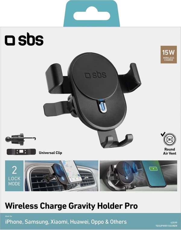 SBS Wireless Charge Gravity Pro Fan Grill Telefon Holder Bil med Klemme - Sort