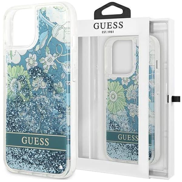 Guess GUHCP13SLFLSN iPhone 13 mini 5.4 grønn/grønn hardt deksel Flower Liquid Glitter Sort