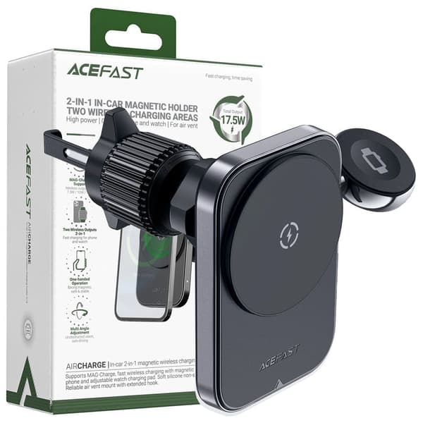 Acefast D18 bilfeste med MagSafe / Qi induktiv lader + USB-A med USB-C-kabel - svart