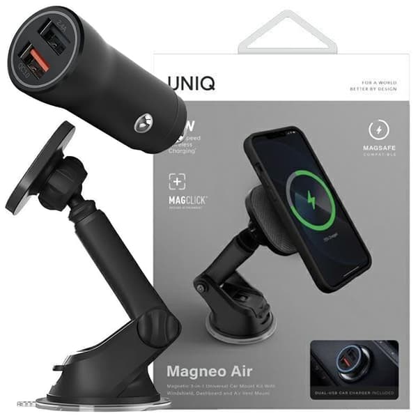 Unikt etui med magnetholder Magneo på selve laderen. induksjon 3in1 Bil dashbord og ventilasjonsbrakett - grå