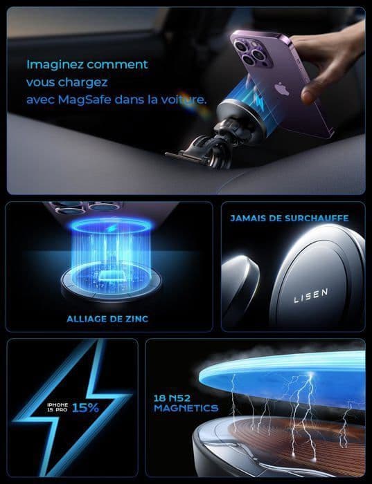 15W induktionshållare för biltelefon, 360° rotation Billaddare/Smart Chip för iPhone 15 14 13 Pro max Samsung