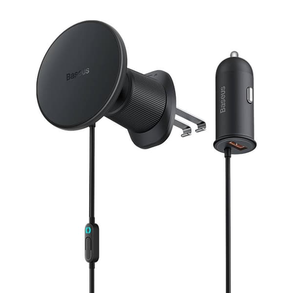 Magneettinen autopuhelinteline Baseus CW01 tuuletusritilään autolaturilla USB-A, 15W + 25W (musta)