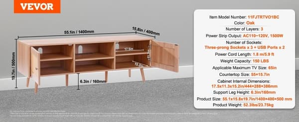 Moderni Rattan TV-teline, sisäänrakennettu pistorasia, säädettävät hyllyt,47 tuumaa mustana