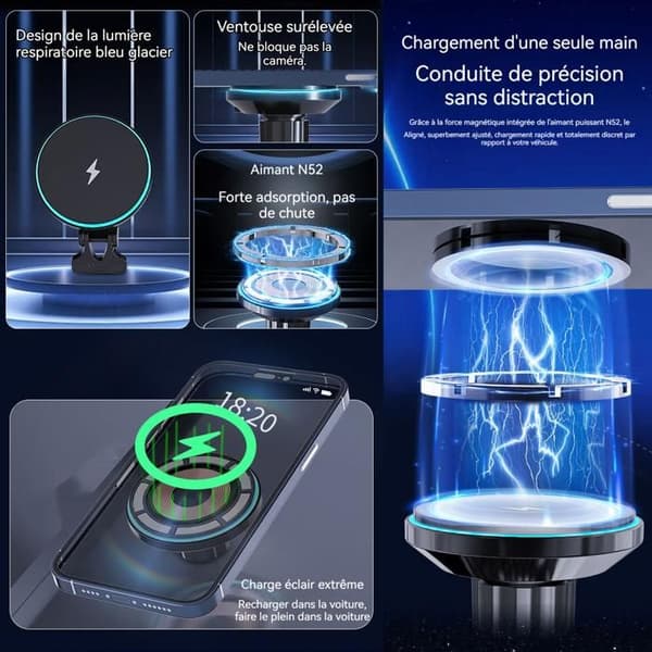 Stödfäste för biltelefon - TD® - Trådlös laddning 15W - Rotérbar och justerbar - Inbyggd belysning
