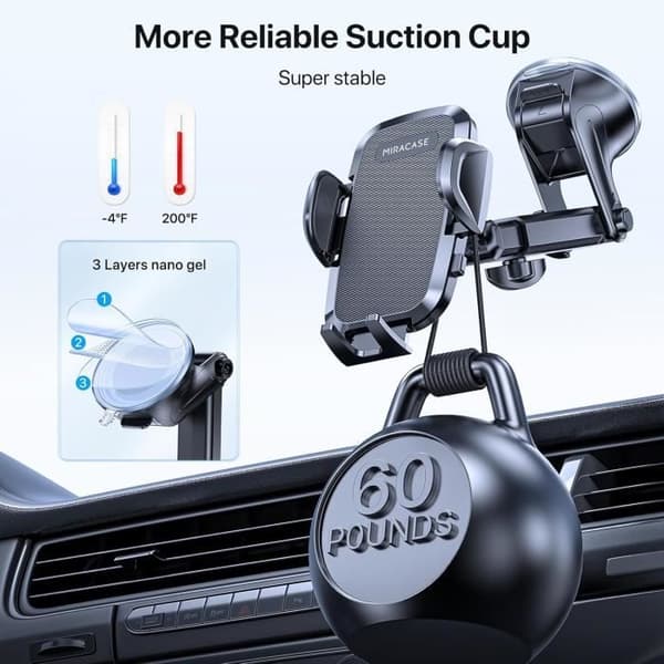 Stöd Telefontillbehör Bil - MIRACASE - 360° Rotation - Kraftfull Sugpropp - Kompatibel med 4-7 tum