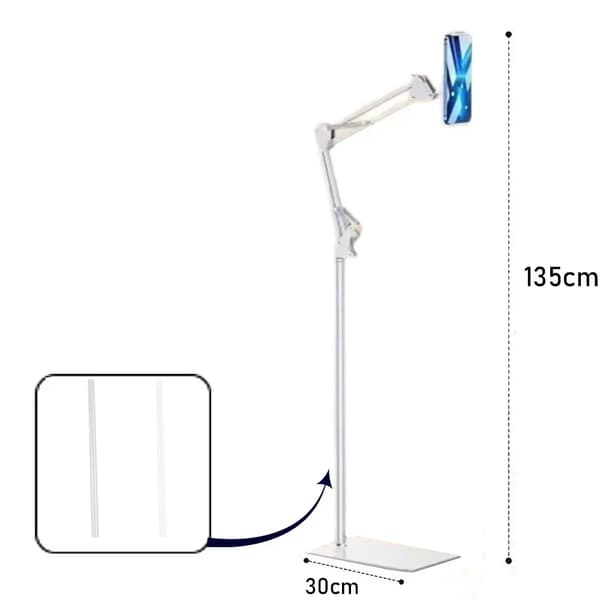 Gulvstativholder, justerbar arm, metalkonstruktion,W 135cm med pande