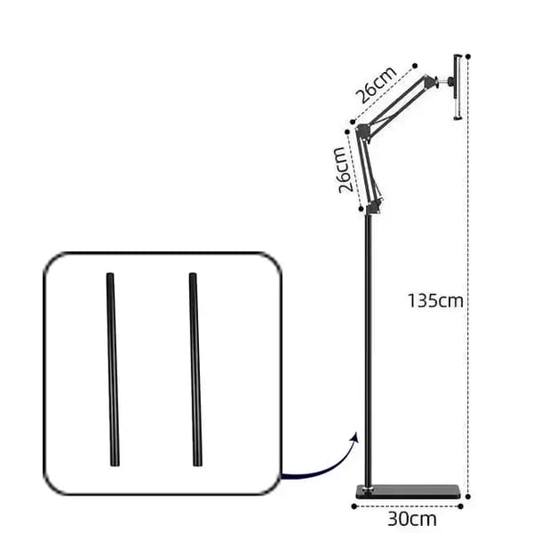 Golvstativhållare, justerbar arm, metallkonstruktion,B 135cm med panna