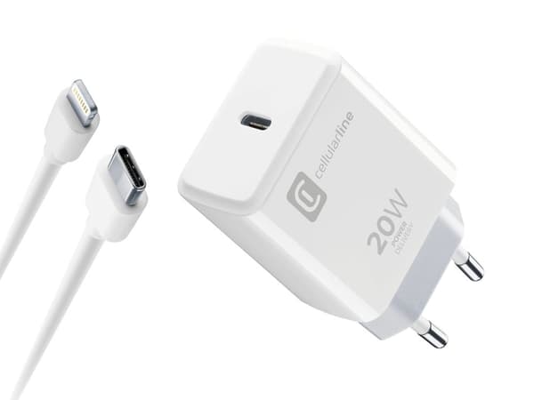 CellularLine 20W Strømadapter m/kabel USB-C til Lightning Hvit