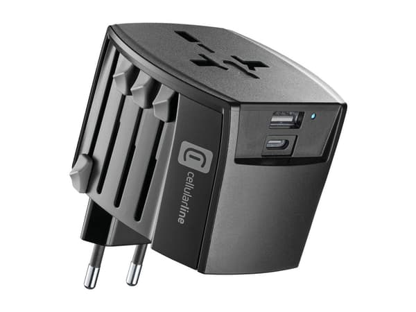 CellularLine 18W World Travel Strømadapter USB-A og USB-C Sort
