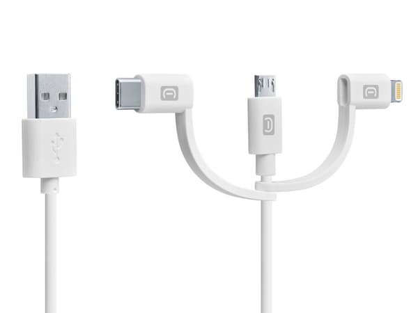 CellularLine ladekabel 3in1 USB-A til Micro-USB/USB-C/Lightning 1,2m - Hvit