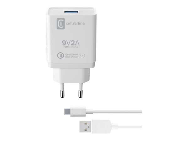 CellularLine Strømadapter m/kabel USB-A til USB-C Hvit