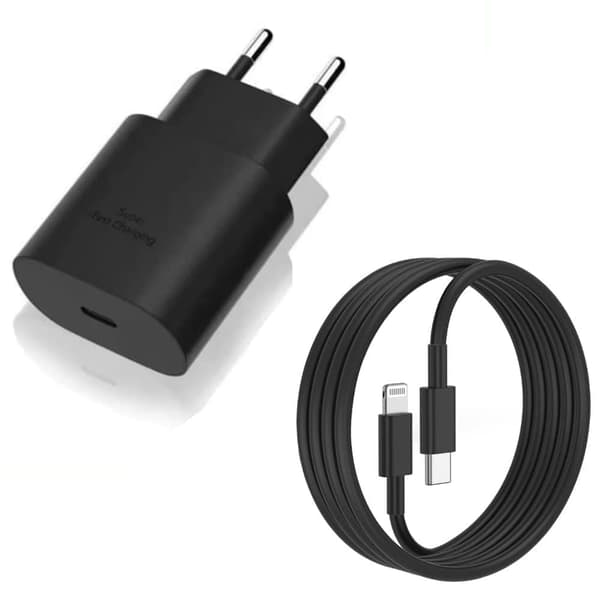 iPhone Hurtig Oplader 25W USB-C Adapter + 3M Lightning Kabel SORT